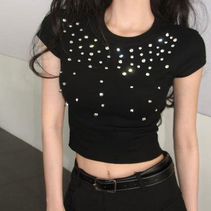 Crewneck Tee Short-Sleeve Crop Rhinestone