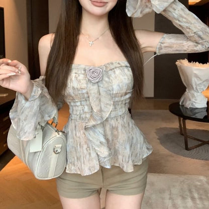 Floral Crop Print Shoulder Long-Sleeve Off Top