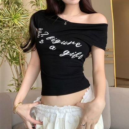 Leg / T-Shirt Wide Lace Pants Waistband Short-Sleeve Lettering