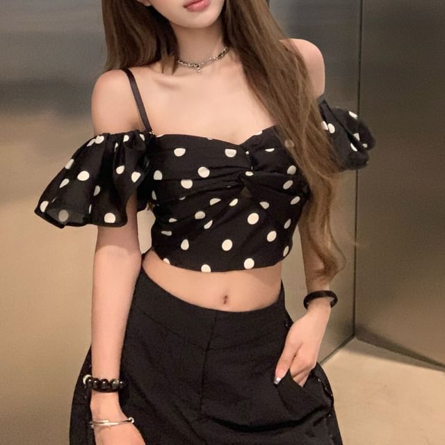 Shoulder Short-Sleeve Cold Dotted Top Crop