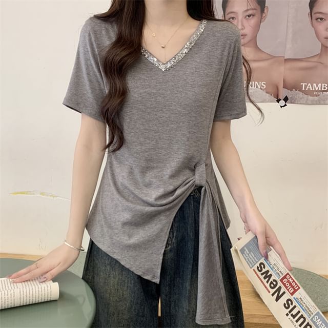 Trim Short-Sleeve Plain Top V-Neck Lace Asymmetrical