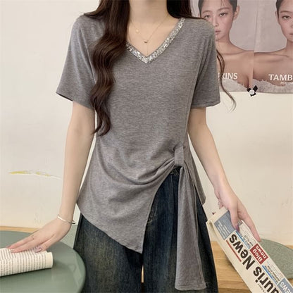 Trim Short-Sleeve Plain Top V-Neck Lace Asymmetrical