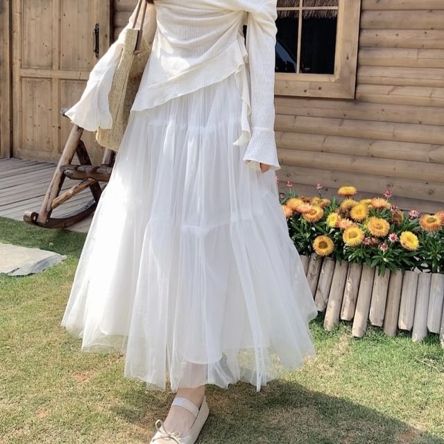 Plain High Top Mock / Maxi Long-Sleeve A-Line Skirt Rise Two-Piece