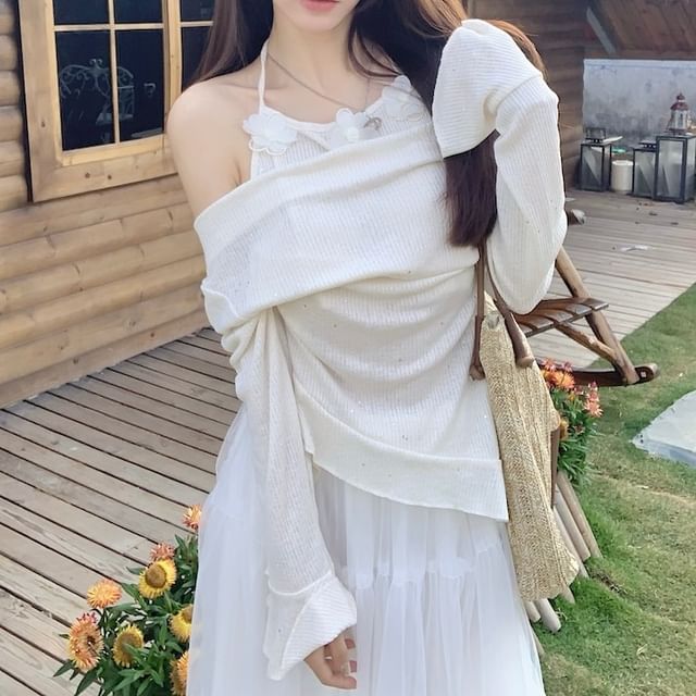 Plain High Top Mock / Maxi Long-Sleeve A-Line Skirt Rise Two-Piece