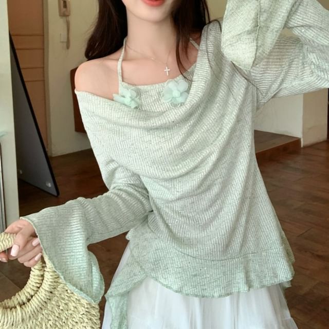 Plain High Top Mock / Maxi Long-Sleeve A-Line Skirt Rise Two-Piece