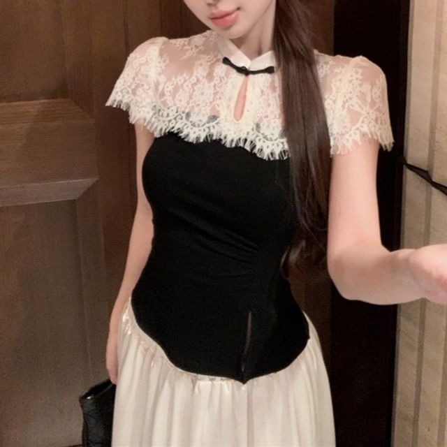 Short-Sleeve Tone Skirt Top Two High Maxi Waist Asymmetrical / A-Line