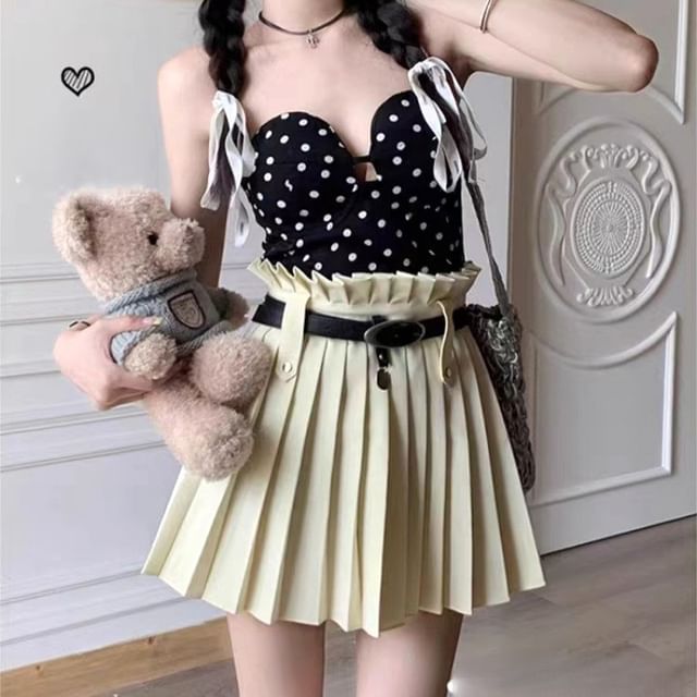 Mini Skirt Plain Rise Belted High Pleated A-Line