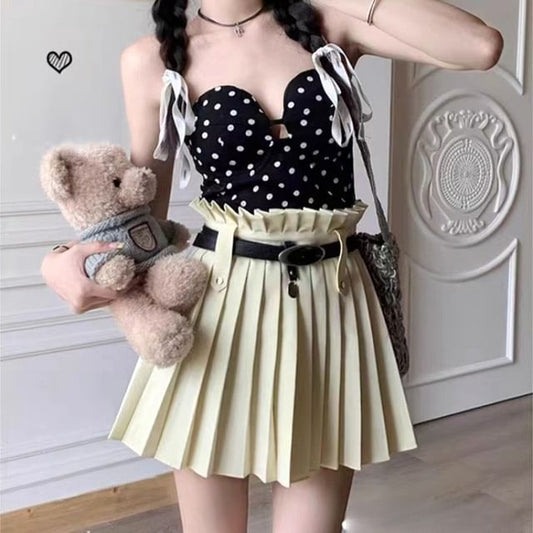 Mini Skirt Plain Rise Belted High Pleated A-Line