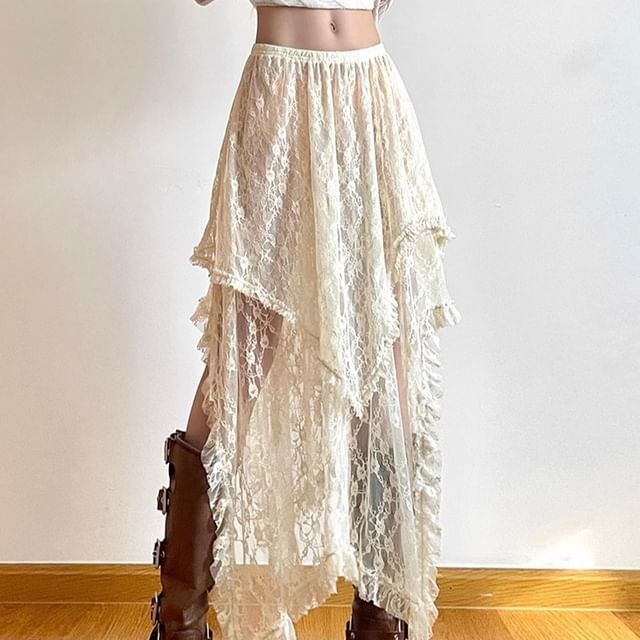 Plain Skirt Lace A-Line High Rise Midi