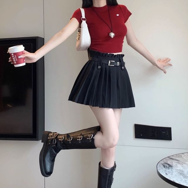 Mini Skirt Plain Rise Belted High Pleated A-Line