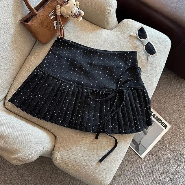 Mini Rise A-Line Pleated Dotted High Skirt