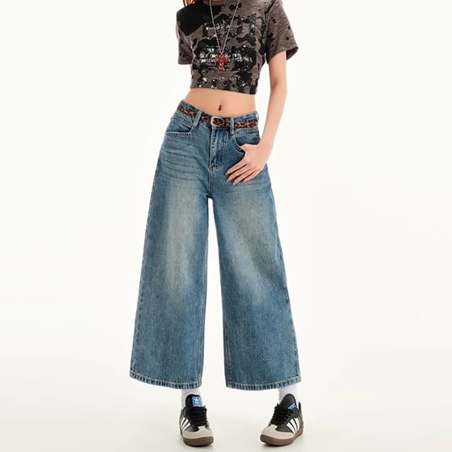 Cropped Wide Leg Rise Jeans Mid Washed