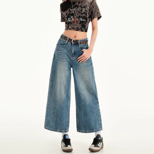 Cropped Wide Leg Rise Jeans Mid Washed