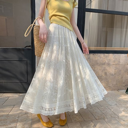 High Lace A-Line Midi Skirt Waist