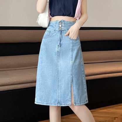 Denim Washed A-Line High Slit Skirt Rise