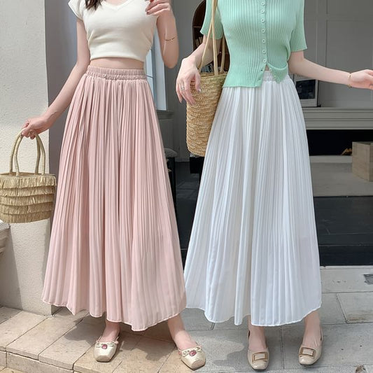 Plain Rise A-Line Skirt High Pleated Midi