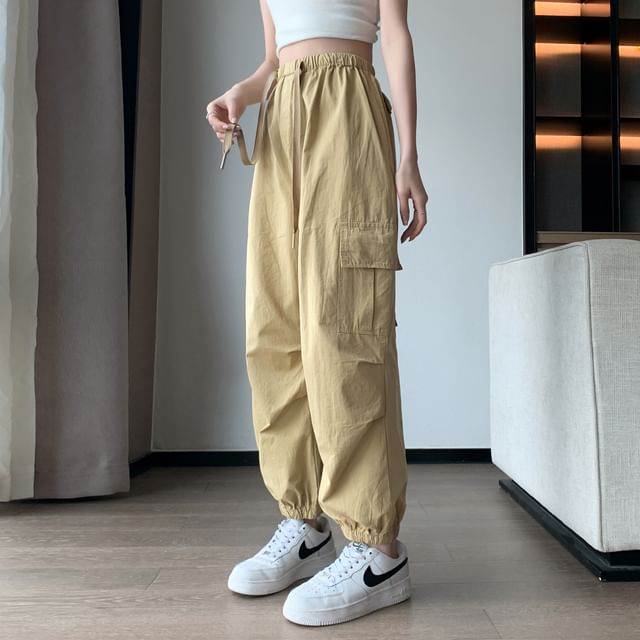 Cargo Harem Drawstring Plain Cropped Pants Waist