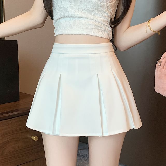A-Line Pleated Plain Waist Mini Skort High