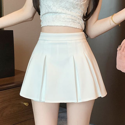 A-Line Pleated Plain Waist Mini Skort High