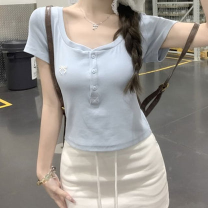 Short-Sleeve Fit Slim Crop Bow T-Shirt Neck Scoop Embroidered