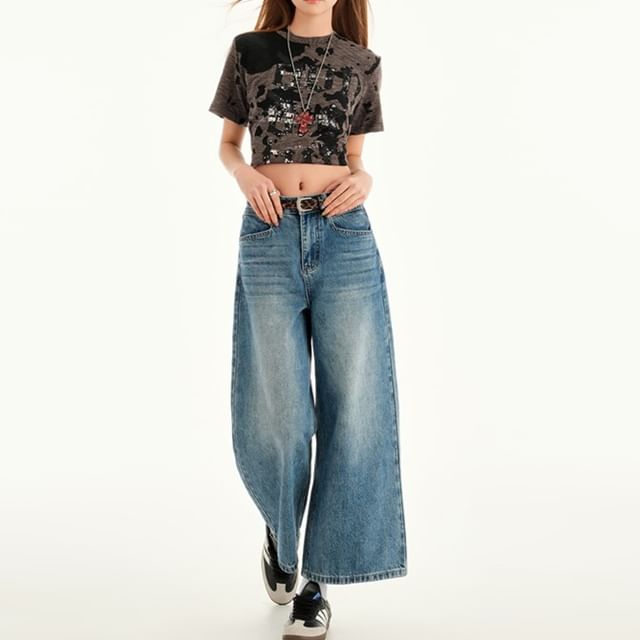Cropped Wide Leg Rise Jeans Mid Washed