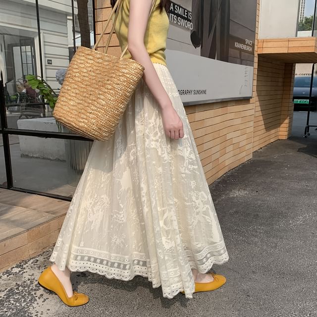 High Lace A-Line Midi Skirt Waist