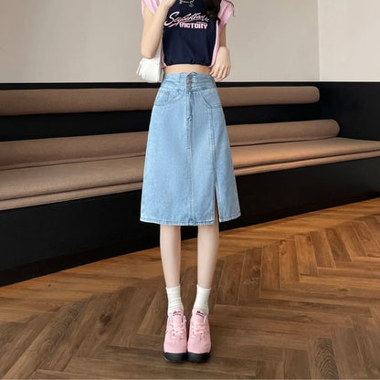Denim Washed A-Line High Slit Skirt Rise