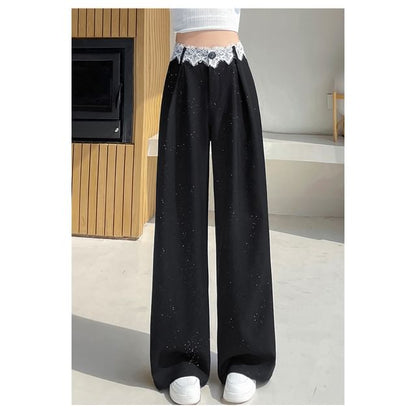 Glitter Rise Lace Slacks (Various Leg Designs) Panel High Wide