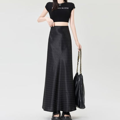 Skirt Maxi A-Line Waist High Satin Dotted