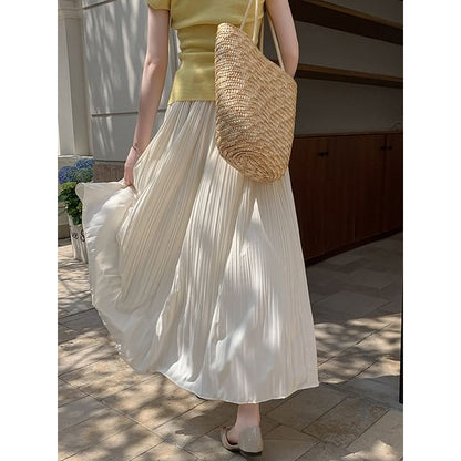 Plain Rise A-Line Skirt High Pleated Midi