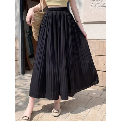 Plain Rise A-Line Skirt High Pleated Midi