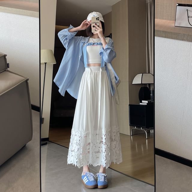 Midi Plain Panel Waist Skirt A-Line High Lace