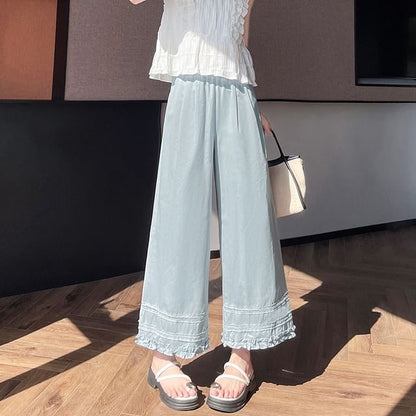 Pants Panel Lace Frill Wide Leg Cropped Rise Plain High Trim