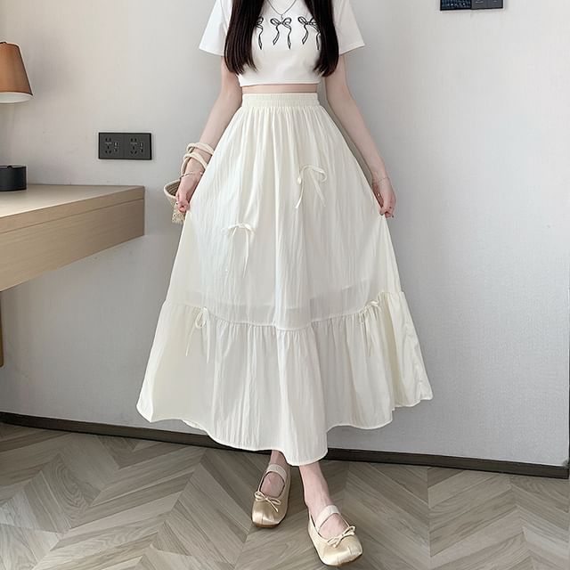 Rise Midi Bow Plain Skirt A-Line Accent High