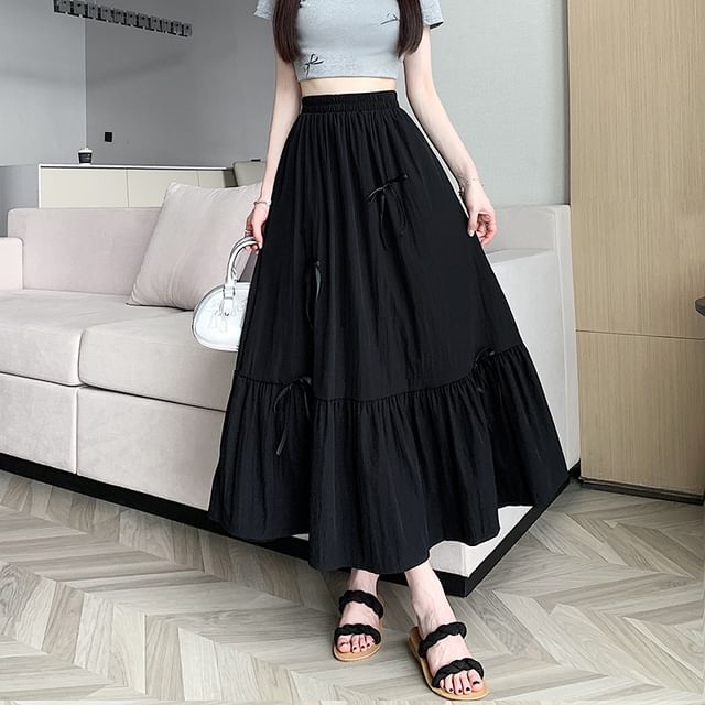 Rise Midi Bow Plain Skirt A-Line Accent High