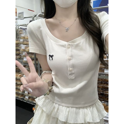 Short-Sleeve Fit Slim Crop Bow T-Shirt Neck Scoop Embroidered