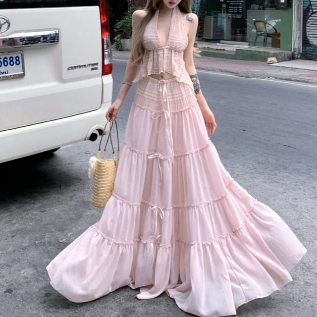 + Set: V-Neck Low Skirt Maxi Rise A-Line Halter Cropped Asymmetrical Top Plain