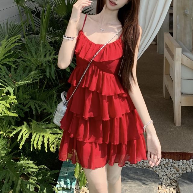 Mini Plain Ruffle Spaghetti Sundress Strap