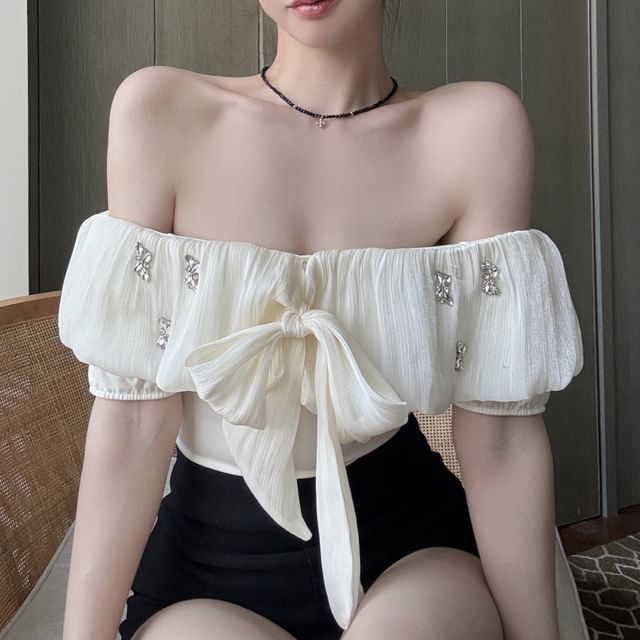 Off-Shoulder Plain Bow Puff-Sleeve Rhinestone Blouse