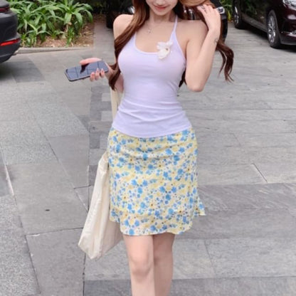 Skirt Flower Neck Scoop Floral Detail / Top Halter High Rise Pencil Plain Mini