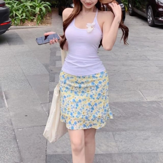 Skirt Flower Neck Scoop Floral Detail / Top Halter High Rise Pencil Plain Mini