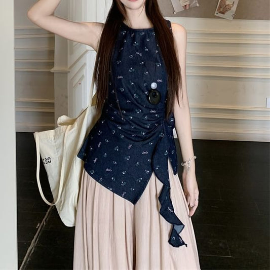 Leg Asymmetrical Pants High Wide Rise Tank Top Floral Plain /