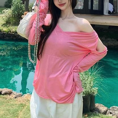 Asymmetrical T-Shirt One-Shoulder Long-Sleeve Plain