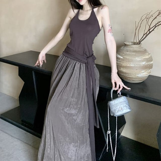 Maxi A-Line Plain / Scoop Skirt Waist High Neck Tie Halter Top