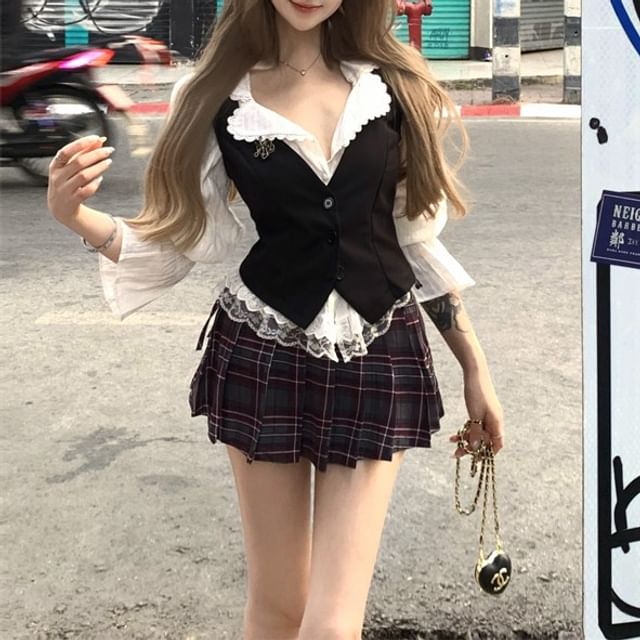 / Trim Cami Mini Plaid Striped Button-Up Skirt Blouse Waist Plain Pleated Puff-Sleeve Top High Lace A-Line