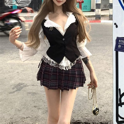 / Trim Cami Mini Plaid Striped Button-Up Skirt Blouse Waist Plain Pleated Puff-Sleeve Top High Lace A-Line