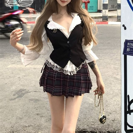 / Trim Cami Mini Plaid Striped Button-Up Skirt Blouse Waist Plain Pleated Puff-Sleeve Top High Lace A-Line