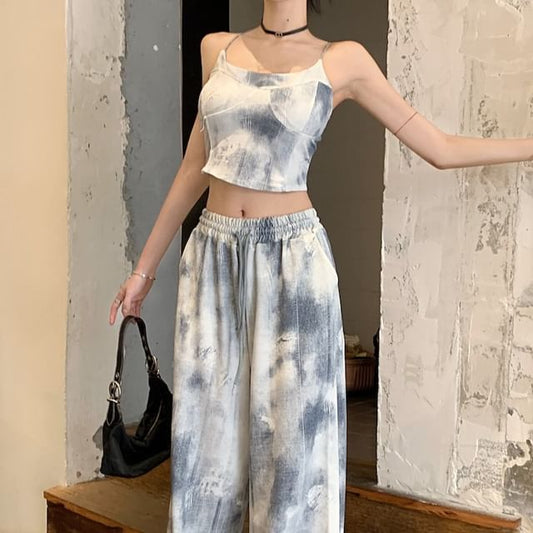 Top Dye Neck Drawstring / Waist Camisole Pants Scoop Wide Leg Tie Cropped