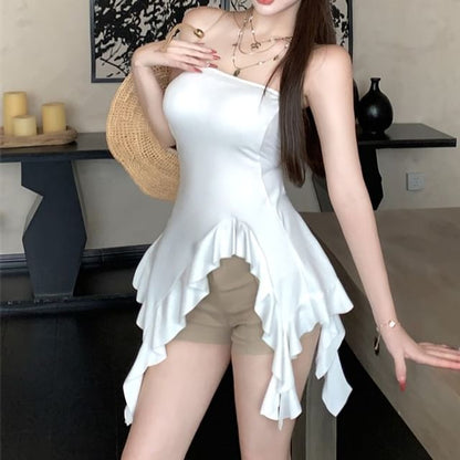 Asymmetrical Top Ruffle Plain Strapless