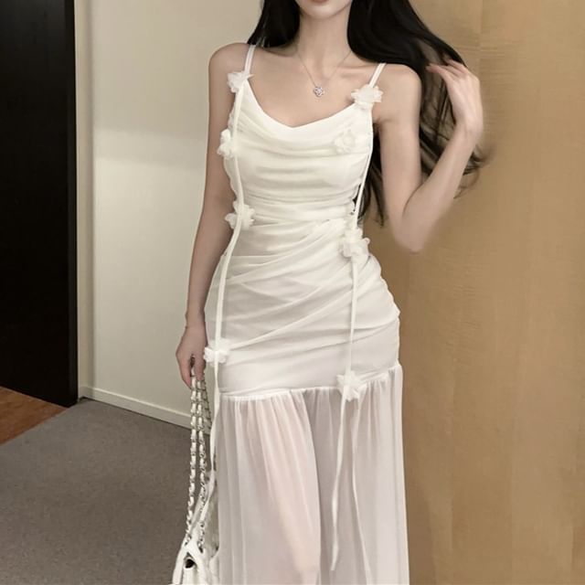 Ruched Mermaid Maxi Flower Spaghetti Dress Side-Slit Plain Strap Detail